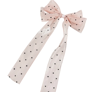 Elegant pink polka dot organza bow hair clip with long ribbons for women hair styling