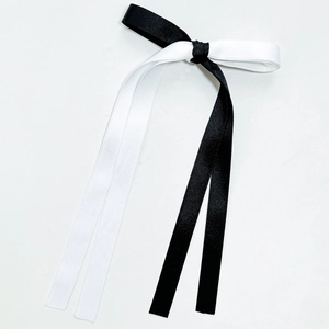 Japanese style black and white bicolor satin ribbon bow hair clip with smooth texture
