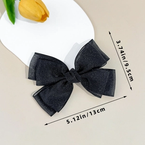 Black double-layer mesh bow hair clip with sparkle finish, size 13x9.5cm for women