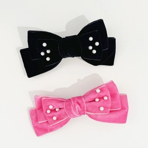 French vintage velvet bow hair clip with pearl accents in black and pink colors