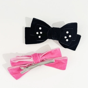 French vintage velvet bow hair clips with pearls and metal duckbill clips for women