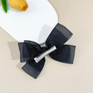 Elegant black glitter tulle bow hair clip with silver metal alligator grip for women