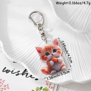 Detailed view of cat acrylic keychain with heart including size and weight specs