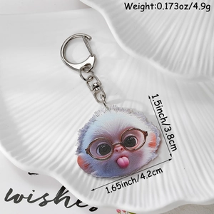 Detail of cute purple acrylic monkey keychain with dimensions and weight specs