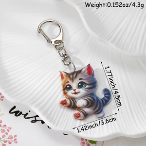 Detailed view of cat acrylic keychain with size labels 1.77x1.42 inch and weight 0.152oz