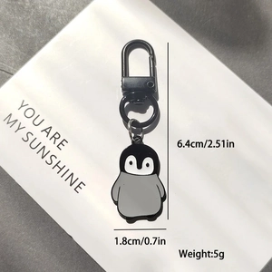 Cute penguin alloy keychain with black D-ring clip, 6.4cm height and 5g weight