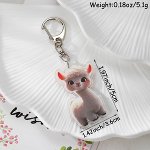 Detailed view of an alpaca acrylic keychain with size metrics 5cm x 3.6cm and metal clasp