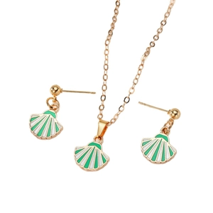 Golden alloy necklace and earring set with green and white enamel shell pendants