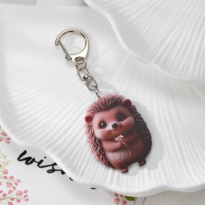 Cute acrylic hedgehog keychain with double-sided floral print and silver ring