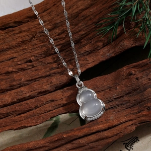 Elegant silver stainless steel water wave necklace with white agate gourd pendant