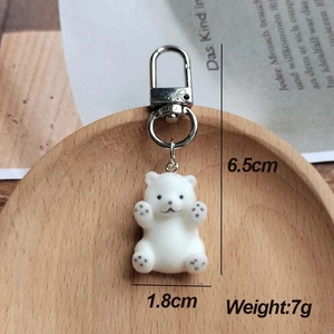 Porte-clés ours polaire floqué mignon avec boucle en argent, breloque de 6,5 cm