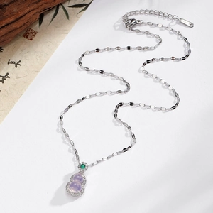Elegant stainless steel necklace with purple gourd pendant and zircon accents