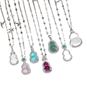 Luxe stainless steel gourd necklace with multi-colored zircon pendants in wavy chains