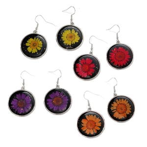 Handmade resin daisy flower earrings set with colorful dried botanical specimens