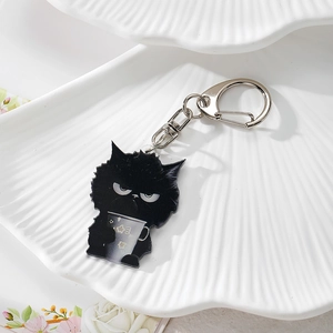 Funny black cat acrylic keychain with angry expression and star cup on shell plate