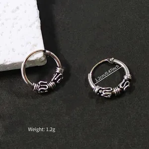 Vintage copper hoop earrings for men with engraved S-pattern and 1.2cm diameter