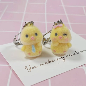 Cute Cartoon Flocked Chick Keychain Yellow Mini Bird Plush Bag Pendant With Pink Bow Blue Tie Accessory For Women Gift