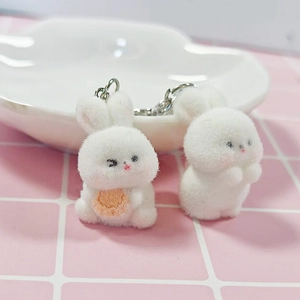 Cute Flocked Rabbit Keychain White Plush Bunny Bag Charm With Heart Metal Ring Cartoon Animal Pendant For Women Girls Gift