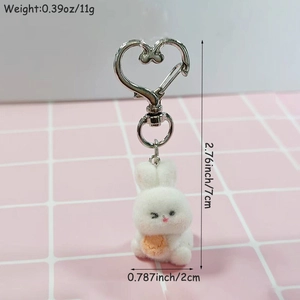 Cute white flocked rabbit keychain with heart metal clasp and dimensions 7x2cm