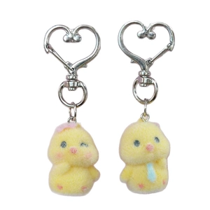 Cute yellow flocked chick keychain set with heart-shaped metal rings for bags and gifts