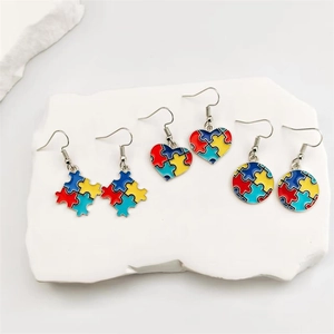 Colorful Puzzle Autism Awareness Drop Earrings Alloy Enamel Heart Round Square Shape Dangle Earrings For Women Jewelry