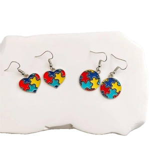 Colorful puzzle heart and round earrings for autism awareness in silver finish