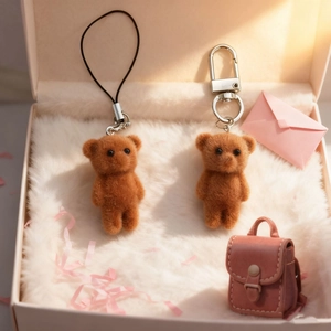 Porte-clés ours floqués marron dans un coffret cadeau avec fond en peluche douce