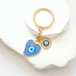 Goldener Schlüsselanhänger mit blauem Herz-Emaille-Anhänger und Strass-Rund-Charm