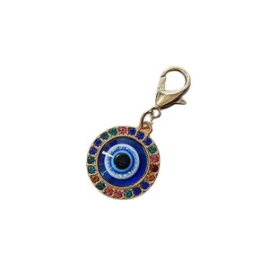 Golden Evil Eye keychain with colorful rhinestones and lobster clasp on white background