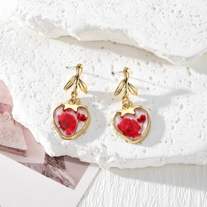Detailed macro view of heart-shaped resin earrings with real dried red flowers