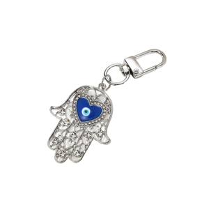 Vintage Hamsa-Hand und Herz-Auge-Schlüsselanhänger mit funkelnden Silber-Strass