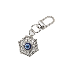 Silver evil eye keychain with blue hexagonal pendant and polished lobster clasp