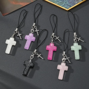 Porte-clés Croix en Résine à Paillettes Avec Pendentif en Alliage Strass Charme de Téléphone Mode pour Hommes Femmes