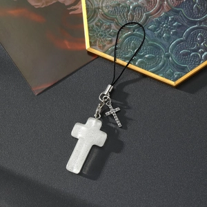 Pendentif de téléphone double croix en résine pailletée et zircon avec cordon noir