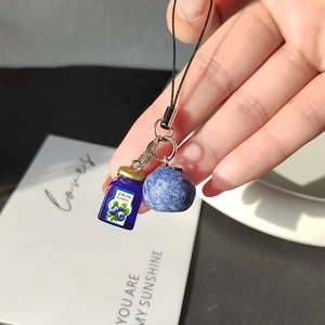 Blueberry jam jar and berry keychain charm with black lanyard for phone and bag