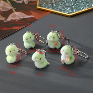 Detailed view of five mini green flocked snake plush charms with size and weight labels