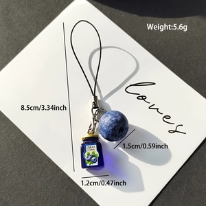 Detailed dimensions of blueberry jam jar keychain showing 8.5cm length and resin beads