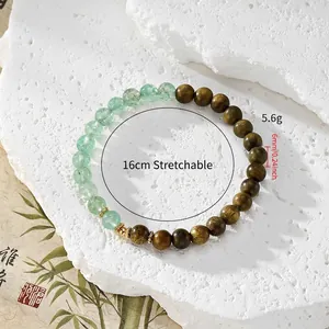 Bracelet rétro en bois de santal et pierre verte avec breloque gourde et cordon élastique