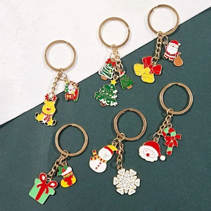 Cartoon Christmas metal enamel keychains set with Santa Claus and reindeer charms