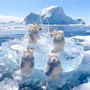 Creative Flocking Polar Bear Keychain With Scarf Cute Resin Animal Pendant Bag Charm Phone Strap Christmas Gift For Women