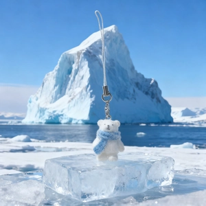 White flocked polar bear keychain with blue scarf on ice block against glacier backdrop