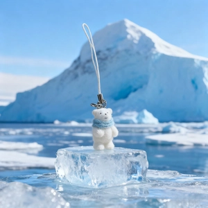 Polar bear plush keychain with blue scarf standing on ice block with polar background