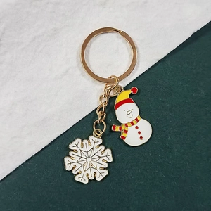 Detail of Christmas snowman keychain with golden ring and white snowflake charm on a green background