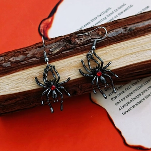 Gothic spider drop earrings with red crystal and stainless steel hooks for Halloween