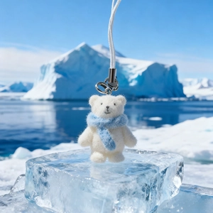 Detail of a white flocked polar bear keychain with blue scarf on ice block background