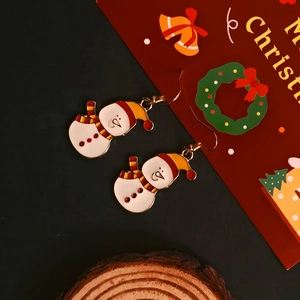 Detailed view of Christmas snowman enamel earrings with red hat and scarf accents