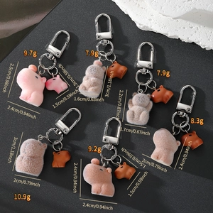 Detail showing various flocked capybara keychains with sizes and metal alloy hooks