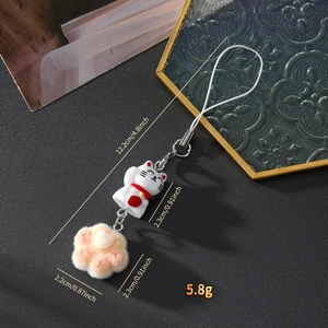 Detailed dimensions of the cat paw keychain and lucky cat charm with measurement labels