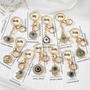 Detailed size chart showing weights and dimensions for various evil eye keychains