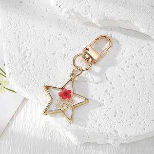 Star-shaped golden keychain with real red and white dried flowers inside transparent pendant